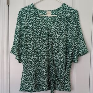 Kaileigh Green Tie Front Blouse with V-Neck